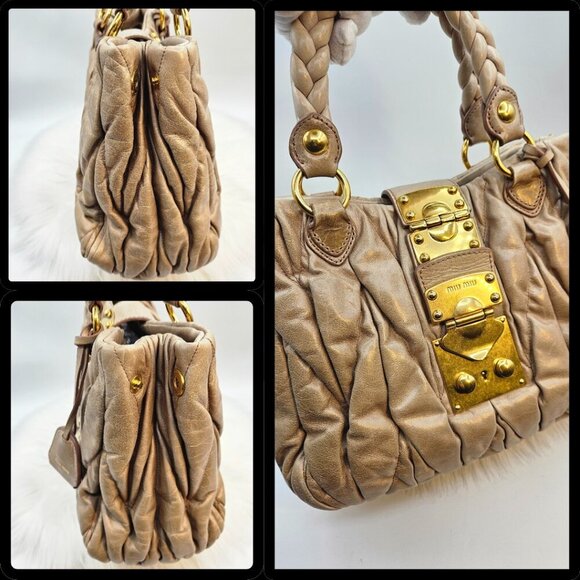 Miu Miu Matelassé Tan Leather Two-Way Bag - Picture 14 of 17